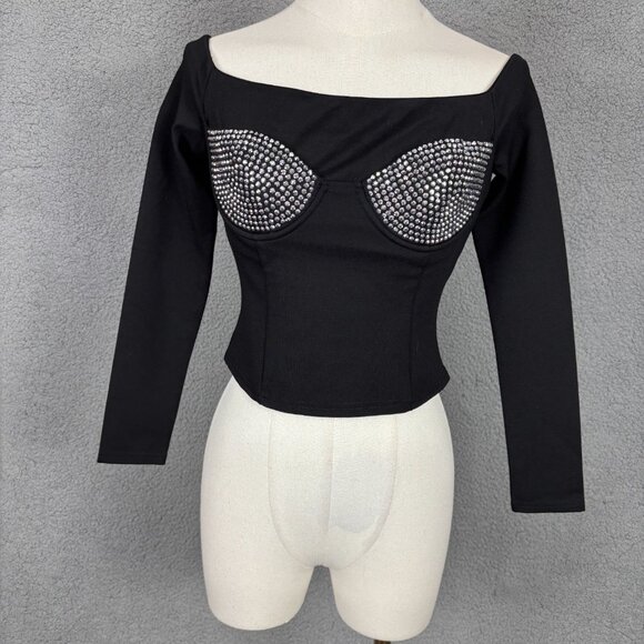 Forever 21 Women's Off-Shoulder Long Sleeve Cropped Top Rhinestone Black XS NWTs - Picture 1 of 8